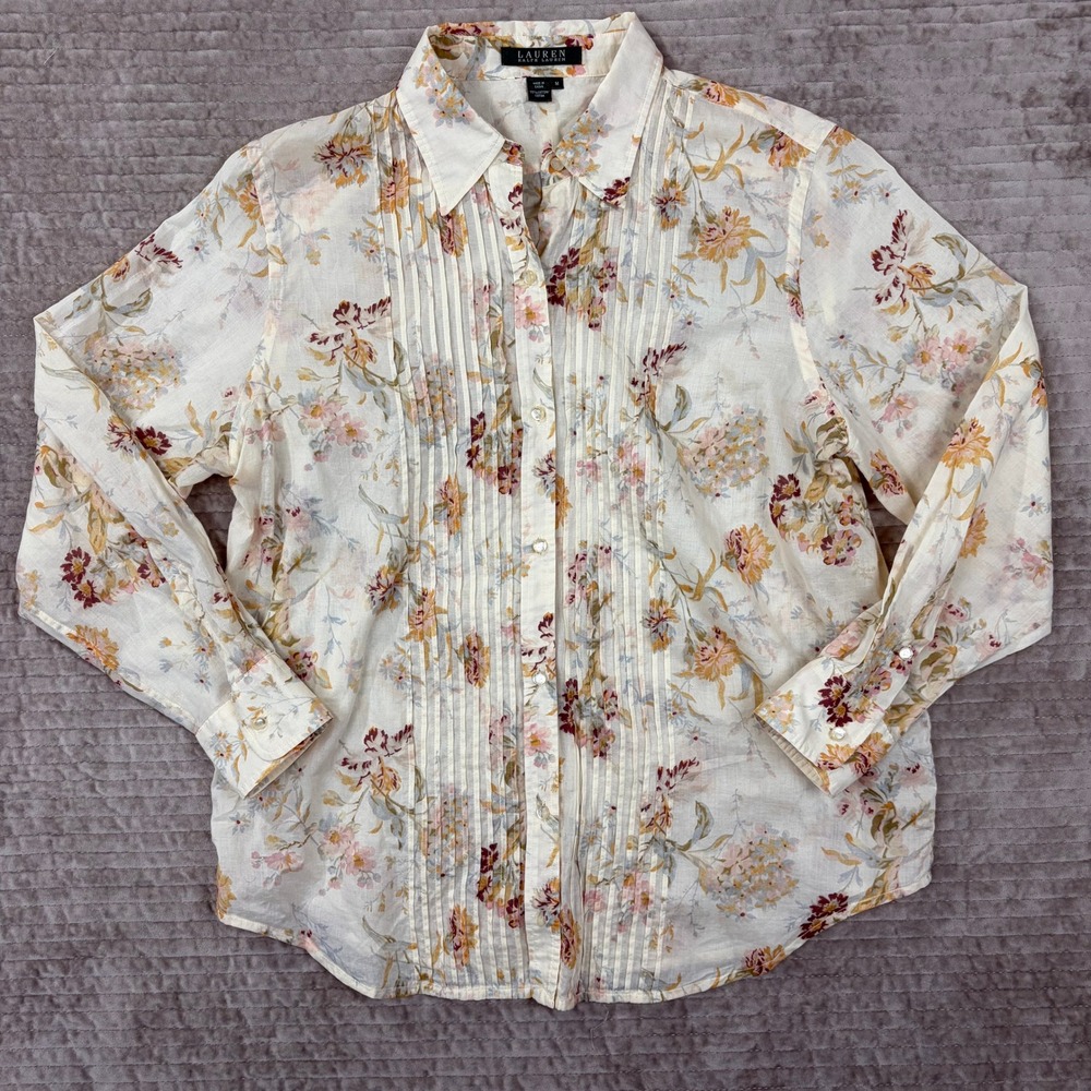 Lauren Ralph Lauren Floral Pintuck Cotton Button Down Shirt Cream Cottagecore M - Picture 1 of 7